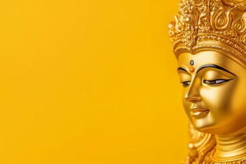 Wall Mural - Golden hindu deity statue on bright yellow background with ornate headpiece