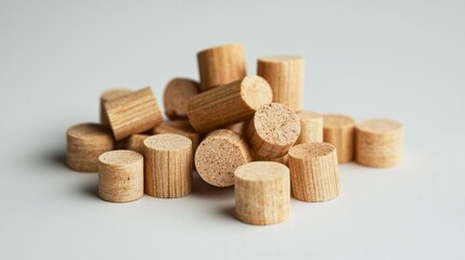 Aufkleber - A collection of natural wooden wine corks is artistically arranged on a smooth, light background. The corks' unique shapes and textures create an appealing visual composition perfect for design ideas