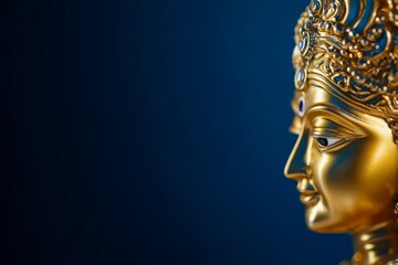 Wall Mural - Golden hindu deity statue with intricate crown on dark blue background