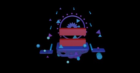Poster - Red equals symbol on a pedestal of abstract geometric shapes floating in the air. Abstract concept art with flying shapes in the center. 3d illustration on black background