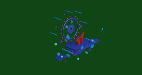 Poster - Red chart up symbol on a pedestal of abstract geometric shapes floating in the air. Abstract concept art with flying shapes in the center. 3d illustration on green background