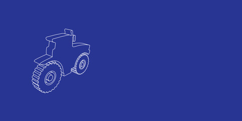 Poster - The outline of a large tractor icon made of white lines on the left. 3D view of the object in perspective. Vector illustration on indigo background