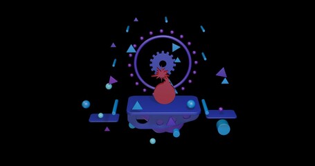 Poster - Red bomb symbol on a pedestal of abstract geometric shapes floating in the air. Abstract concept art with flying shapes in the center. 3d illustration on black background