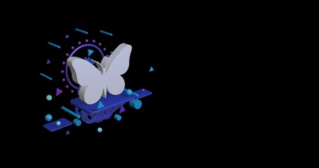 Poster - White butterfly symbol on a pedestal of abstract geometric shapes floating in the air. Abstract concept art with flying shapes on the left. 3d illustration on black background