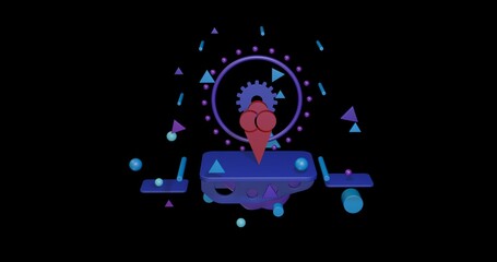 Poster - Red ice cream balls symbol on a pedestal of abstract geometric shapes floating in the air. Abstract concept art with flying shapes in the center. 3d illustration on black background