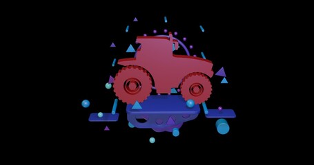 Poster - Red tractor icon on a pedestal of abstract geometric shapes floating in the air. Abstract concept art with flying shapes in the center. 3d illustration on black background