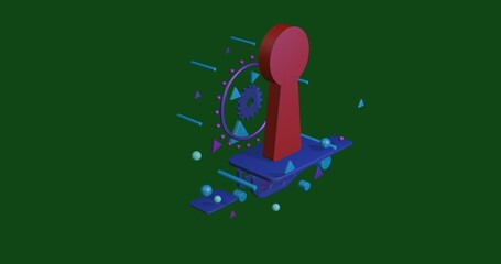 Poster - Red keyhole symbol on a pedestal of abstract geometric shapes floating in the air. Abstract concept art with flying shapes in the center. 3d illustration on green background