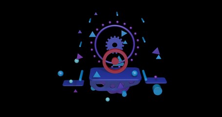 Poster - Red astrological sun symbol on a pedestal of abstract geometric shapes floating in the air. Abstract concept art with flying shapes in the center. 3d illustration on black background