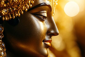 Wall Mural - Golden sculpture of indian deity with sunlight illuminating the face