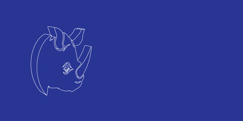 Poster - The outline of a large rhino head logo made of white lines on the left. 3D view of the object in perspective. Vector illustration on indigo background