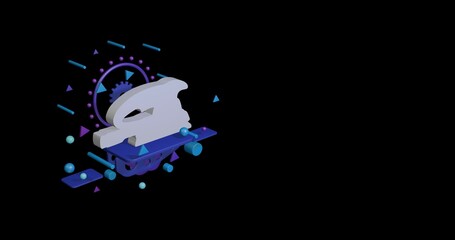 Poster - White sanding machine symbol on a pedestal of abstract geometric shapes floating in the air. Abstract concept art with flying shapes on the left. 3d illustration on black background