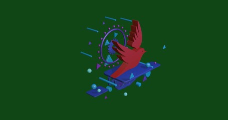 Poster - Red bird symbol on a pedestal of abstract geometric shapes floating in the air. Abstract concept art with flying shapes in the center. 3d illustration on green background