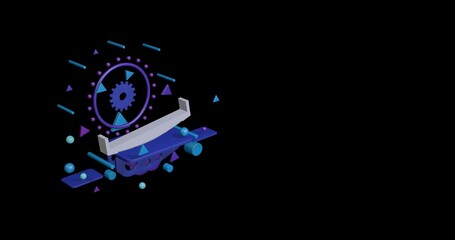 Poster - White two-handed saw on a pedestal of abstract geometric shapes floating in the air. Abstract concept art with flying shapes on the left. 3d illustration on black background