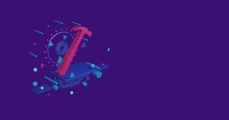Poster - Pink hammer symbol on a pedestal of abstract geometric shapes floating in the air. Abstract concept art with flying shapes on the left. 3d illustration on deep purple background