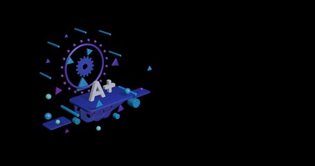Poster - White A plus symbol on a pedestal of abstract geometric shapes floating in the air. Abstract concept art with flying shapes on the left. 3d illustration on black background