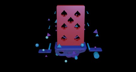 Poster - Red seven of spades playing card on a pedestal of abstract geometric shapes floating in the air. Abstract concept art with flying shapes in the center. 3d illustration on black background