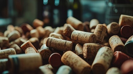 Poster - A textured tapestry of wine corks sprawls out in a horizontal display, evoking a sense of warmth and nostalgia. Perfect for wine lovers seeking rustic charm