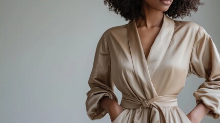Poster - A stylish woman showcases her oversized satin robe with grace, standing confidently in a softly lit, minimalist room. Her natural curls frame her face, enhancing the serene atmosphere
