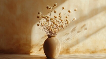 Poster - Delicate dried flowers stand gracefully in a minimalist vase, basking in gentle sunlight. The light casts beautiful shadows on the textured wall, enhancing the serene ambiance of the space