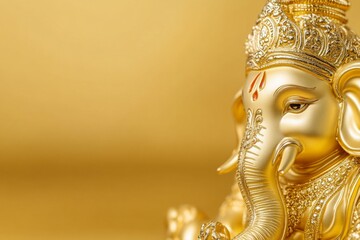 Golden ganesha idol with intricate details on gold background