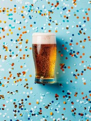 Wall Mural - A glass of beer is sitting on a table with confetti around it. The confetti adds a festive and celebratory atmosphere to the scene