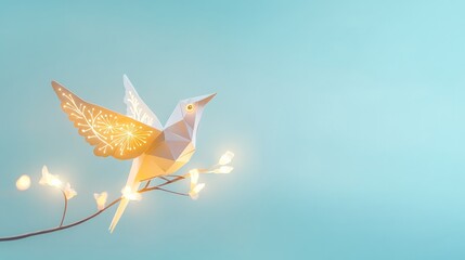 Aufkleber - Minimalist Origami Bird with Illuminated Fairy Lights on Branch Against Abstract Blue Background