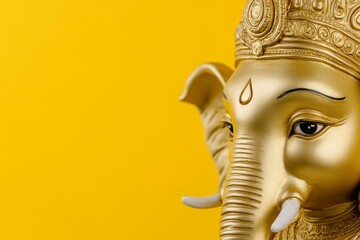 Golden elephant sculpture with yellow background: symbol of wisdom and prosperity