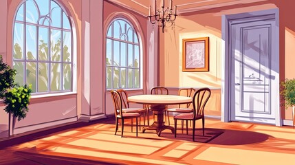 Wall Mural - Sunlit Dining Room With Arched Windows and Wooden Table