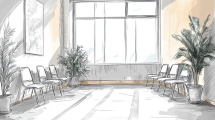 Poster - Sketch of a sunlit waiting room with chairs and plants