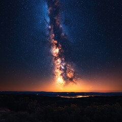 Wall Mural - A stunning view of the Milky Way over a serene landscape at dusk.