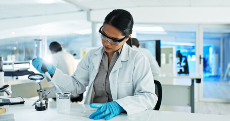 Aufkleber - scientist, woman and liquid with pipette, petri dish and sample preparation in biotech laboratory. b