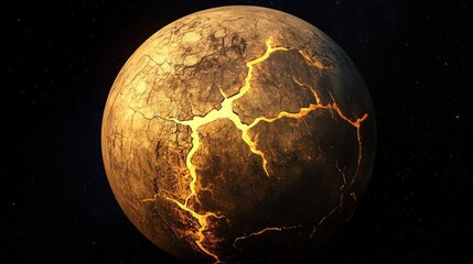 cracked planet: a fiery cosmic wonder, a celestial body with deep fissures and glowing lava, set aga