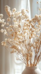 Poster - Soft morning sunlight filters through sheer curtains, highlighting a bouquet of delicate dried flowers in an elegant vase. The gentle hues create a serene atmosphere, inviting tranquility