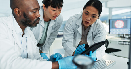 Aufkleber - science, people and tablet in lab for planning, brainstorming and innovation for medicine developmen