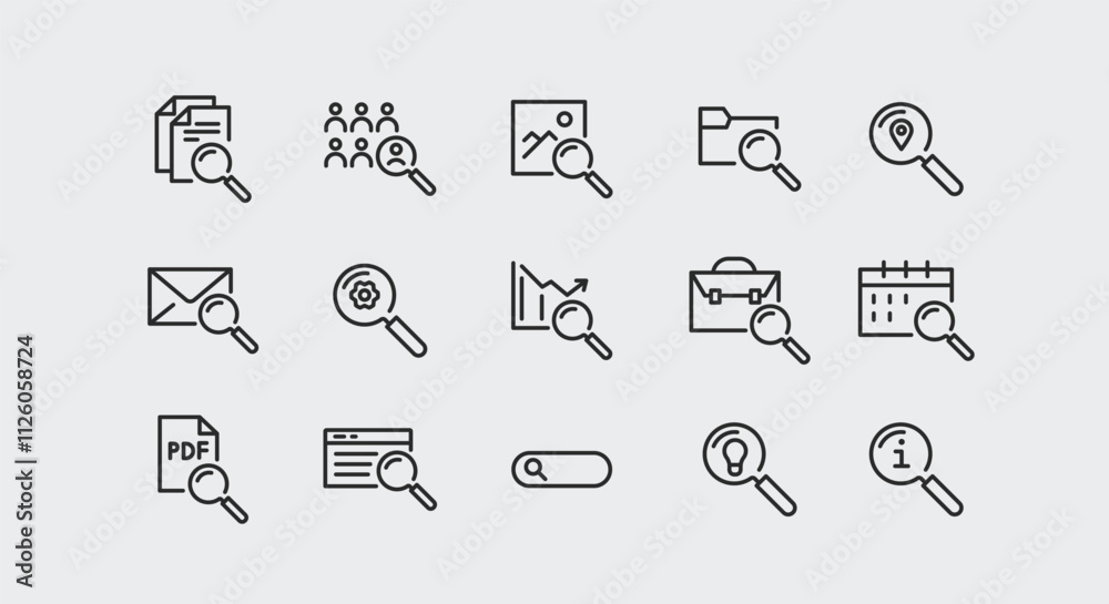 Search icons. Set of 15 trendy minimal search icons including ...