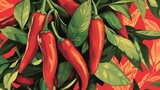 Vibrant Red Chili Peppers Hanging on Branch, Lush Green Leaves, Red Background