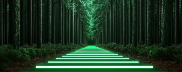 Wall Mural - A serene forest path illuminated by vibrant green lights, creating a mystical and tranquil atmosphere among the trees.