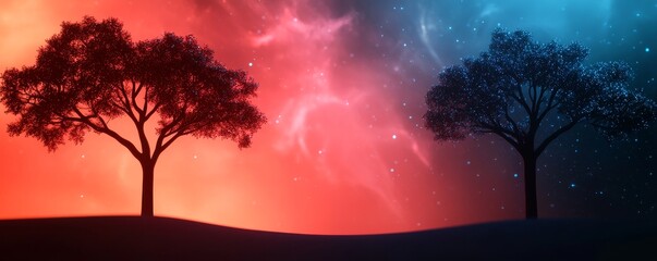 Wall Mural - a cosmic landscape featuring two silhouetted trees against a striking gradient of red and blue, evok