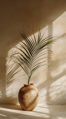 Poster - Sunlight streams through a window, casting soft shadows on a warm-toned wall. A lush palm frond rises elegantly from a rustic clay jar, creating a peaceful atmosphere ideal for relaxation