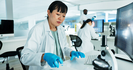 Poster - Scientist, woman and reading with book in lab with medical research, test and solution with pharmaceutical job. Person, planning and stats for drugs, chemical and vaccine development for mpox virus