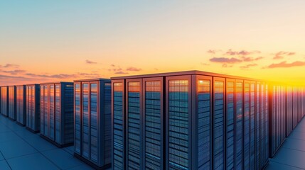 Poster - A modern data center illuminated by a stunning sunset, showcasing rows of servers against a vibrant sky.
