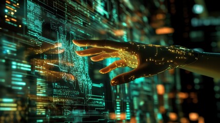 Poster - Futuristic Hand Interacting with Digital Data on a Transparent Screen