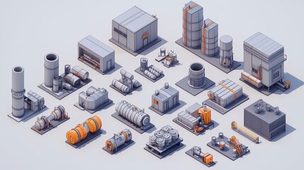 Industrial equipment and machinery models arranged on a light background for design or planning purposes
