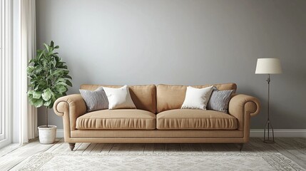 Poster - A welcoming living room showcases a plush brown sofa adorned with decorative pillows, complemented by a stylish lamp and a leafy plant by the window, enhancing the warm ambiance