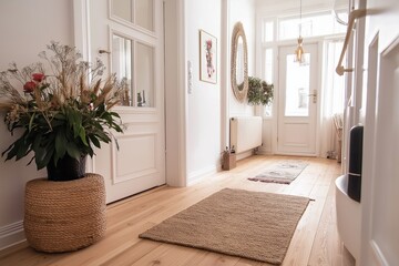 Wall Mural - A textured light wood floor paired with white walls and natural woven rugs