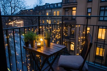 Aufkleber - A small balcony with wooden flooring, a simple chair, and fairy lights