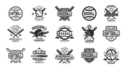 labels set of baseball and softball game. graphic design for t-shirt. black print on white backgroun