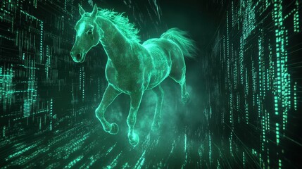 Poster - Futuristic Green Horse Running Through Digital Matrix Background