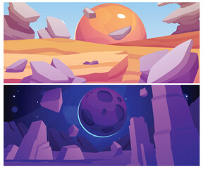 Wall Mural - An illustration of a set showing an alien landscape at night and day with rocks and floating stones.