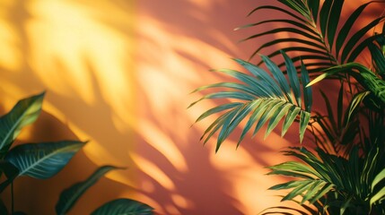 Poster - Sunlight filters through lush green leaves, casting delicate shadows on a blended mocha and yellow wall. This natural arrangement evokes a serene atmosphere, perfect for relaxation